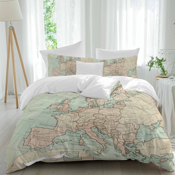 Vintage Maps Queen Size Comforter Set, Oceans Lands Europe Country Retro Style Bedding for All Seasons, 4 Pcs Bed Set, 1Quiltcover (90"x92") ,1Sheet(94"x116"), 2Pillowcases (30"x20")