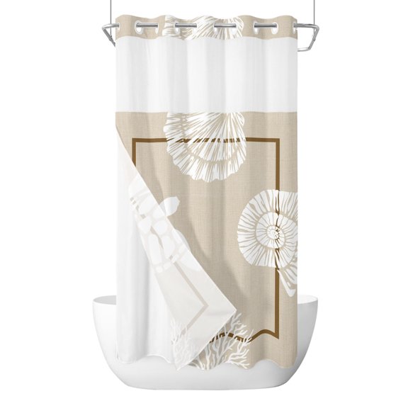 Vintage Marine Life No Hook Shower Curtain with Snap in Liner, Nautical Coastal Sea Turtle Shell Coral Conch Waterproof Shower Curtains with See Through Top Window Liner for Bathroom, 36x72 Inches
