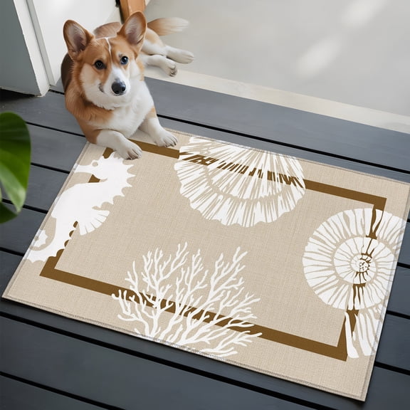 Vintage Marine Life Small Area Rugs 2x3 Nautical Coastal Sea Seahorse Shell Coral Conch Entryway Rugs Washable Door Mat, Low-Profile Area Rugs Floor Carpet for Living Room Bedroom Home Office