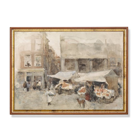 Vintage Market Scene Poster Rustic European Town Square UNFRAMED Poster, Wall Art for Decor, Present, 12x18