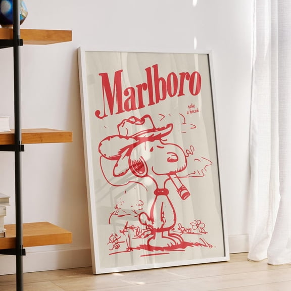 Vintage Marlboro Cowboy Dog Poster | Retro Western Wall Art | Red Sketch Comic Style Print | Trendy Dorm & Apartment Decor | Take A Break Wall Decor Unframed Poster