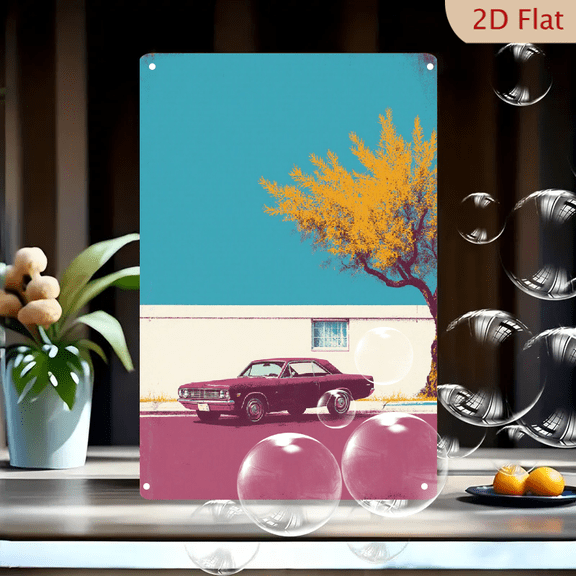 Vintage Maroon Classic American Car on Magenta Street Pop Art Wall Art, 8x12 Inches Metal Tin Sign Retro 60s Coupe with Turquoise Sky for Home Decor