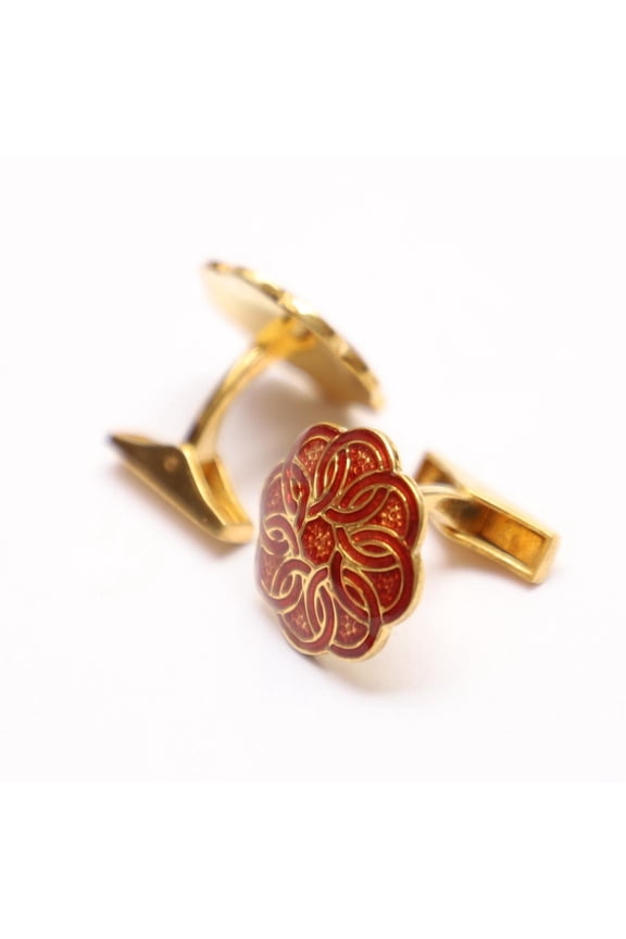 Vintage Maroon Enamel Floral Pattern Round Sterling Silver Cufflinks Elegant Men's Accessories