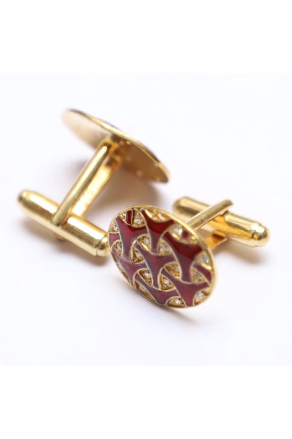 Vintage Maroon Enamel Mosaic Pattern Oval Sterling Silver Cufflinks with Cubic Zirconia Stones Elegant and Luxurious Mens Accessory