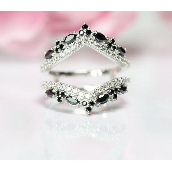Vintage Marquise Cut Black Diamond Enhancer Wedding wrap Ring 14K White Gold Finish - Gift For Her