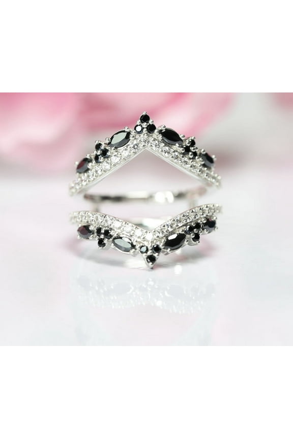 Vintage Marquise Cut Black Diamond Enhancer Wedding wrap Ring 14K White Gold Finish - Gift For Her