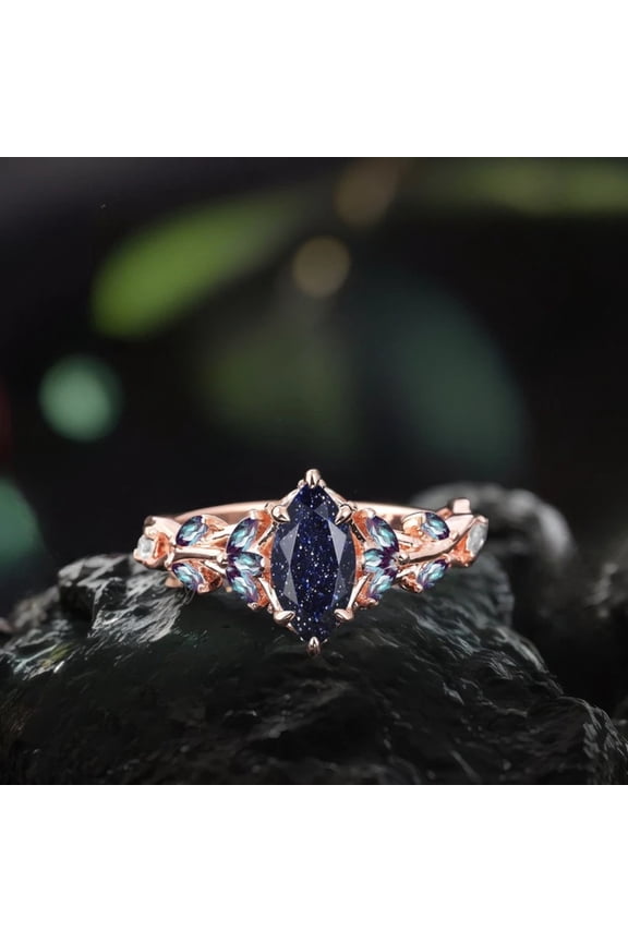 Vintage Marquise Cut Blue Sandstone Engagement Ring in 14K Rose Gold Vermeil – Nature-Inspired Cluster Promise Ring – Art Deco Leaf Gemstone Branch Bridal Ring