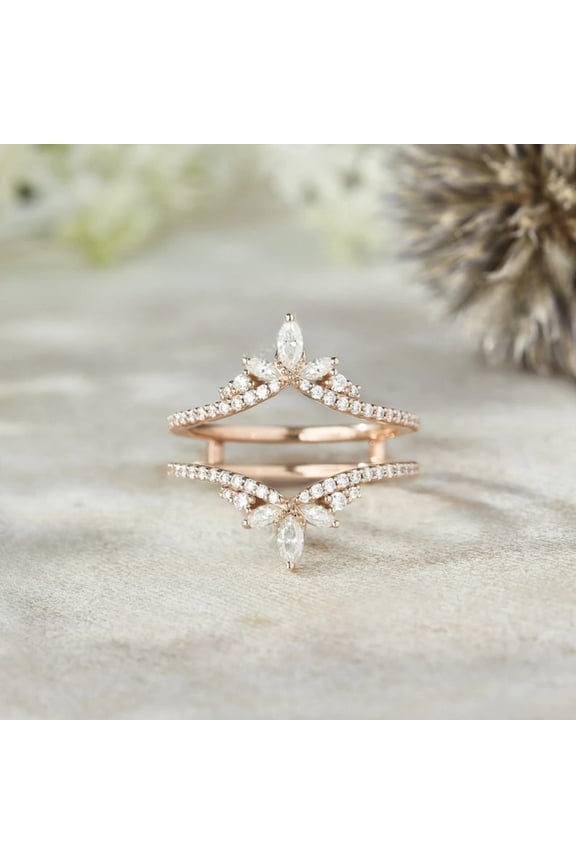 Vintage Marquise Diamond Double Curved Wedding Band – Stacking Ring in 14K Rose Gold Vermeil | Handmade Jewelry for Women