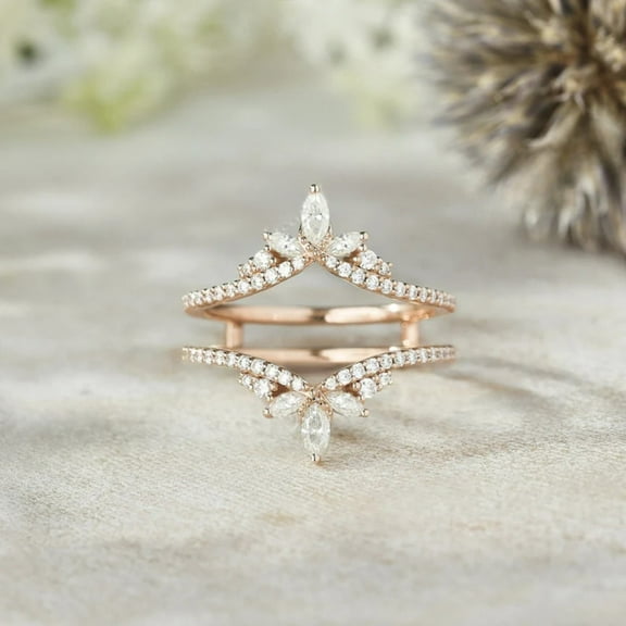 Vintage Marquise Diamond Double Curved Wedding Band – Stacking Ring in 14K Rose Gold Vermeil | Handmade Jewelry for Women