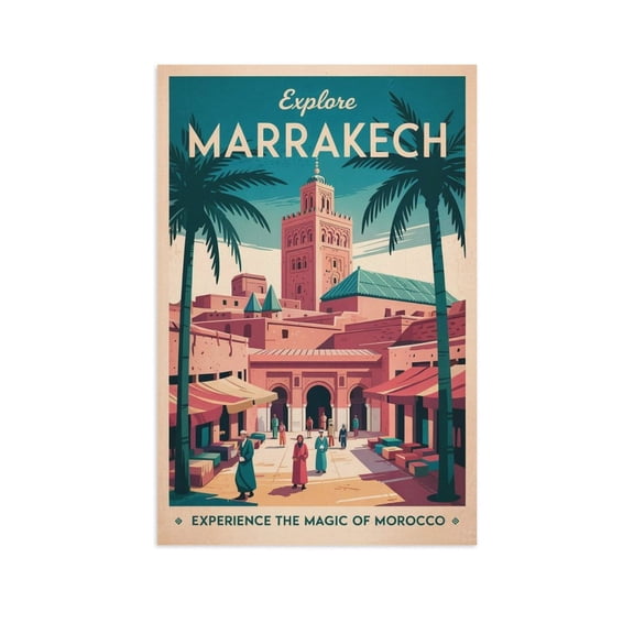 Vintage Marrakech Cityscape Retro Moroccan Tourism with Colorful Streets & Culture Canvas Poster