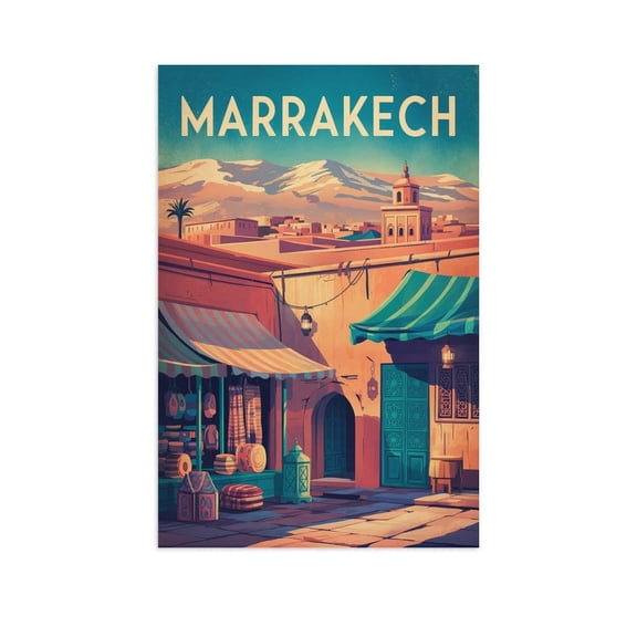 Vintage Marrakech Cityscape Retro Moroccan Tourism with Historic Architecture & Colors Print Poster