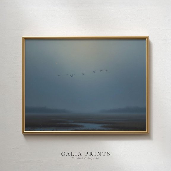 Vintage Marsh Print Foggy Wetlands Birds Landscape Art, UNFRAMED Size 16x16