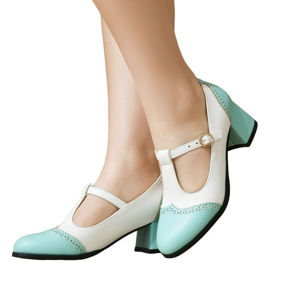 Vintage Mary Janes Lolita Dress Shoes for Women Fall Leather Color Block Chunky Block Mid Heels Ballet Flats