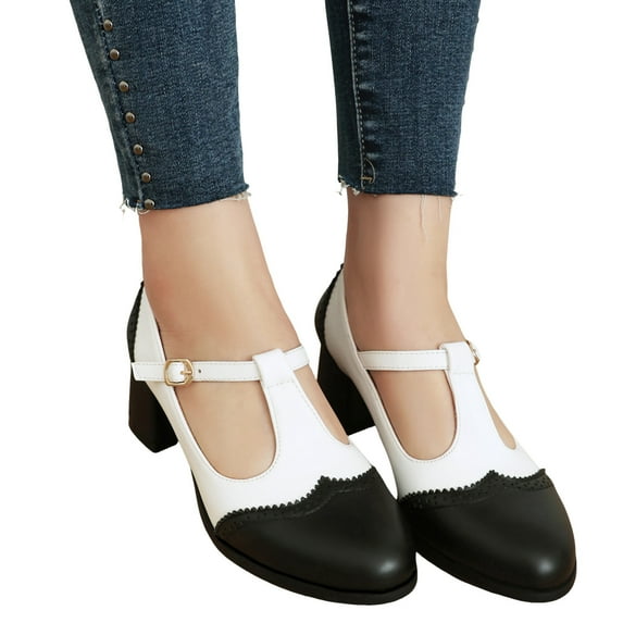 Vintage Mary Janes Lolita Dress Shoes for Women Fall Leather Color Block Chunky Block Mid Heels Ballet Flats