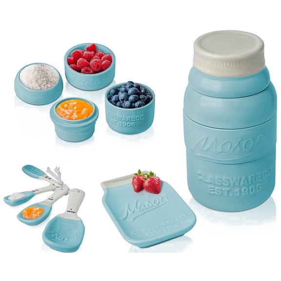 Comfify Aqua Blue Mason Jar Measuring Set – 4 Cups, 4 Spoons, Spoon Rest