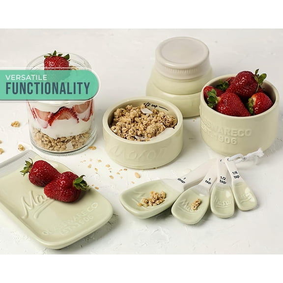 Comfify Mason Jar Kitchenware - Green Ceramic Decor with 4 Measuring Cups, 4 Measuring Spoons and Spoon Rest - Vintage Style