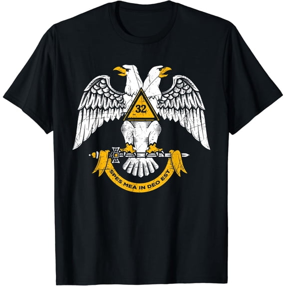 Vintage Masonic Scottish Rite 32nd Degree Double Headed Eagle Graphic T-Shirt - Retro Fraternal Order Men's Apparel - Classic Spes Mea In Deo Est Cotton Tee
