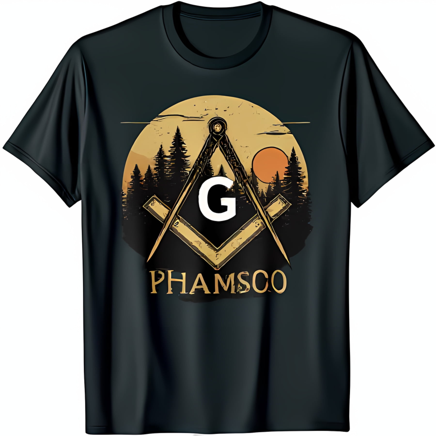 Vintage Masonic & Square Graphic TShirt Dark Charcoal with Pine Trees