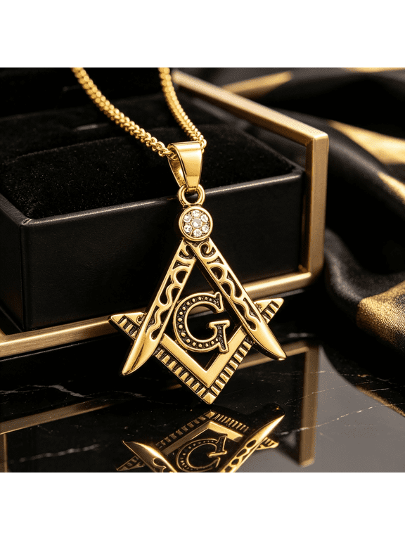 Masonic Freemason Symbol Motif Charm Pendant Necklace For Men Women, 14K Gold Filled Neat Silhouette Modest Contemporary Craft Jewelry