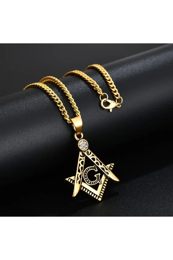 Vintage Masonic Symbol Necklaces Male 14K White Gold Punk Fashion Freemason Mason Pendant With 20-27" Cuban Chain