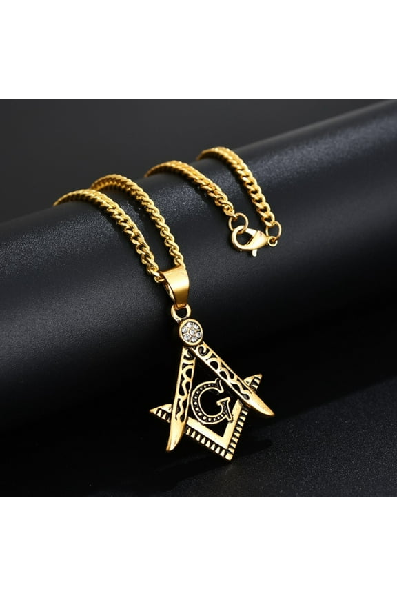 Vintage Masonic Symbol Necklaces Male 14K Yellow Gold Punk Fashion Freemason Mason Pendant With 20-27" Cuban Chain