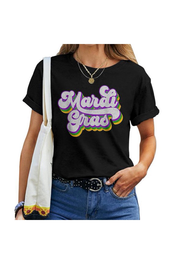 Vintage Masquerade Mardi Gras Graphic Tee Women Adult Cotton Shirt for Groovy Beads Parade Costume, Fun Festive Outfit, Party Gift Idea for Carnival Celebration, Size S, Color Black