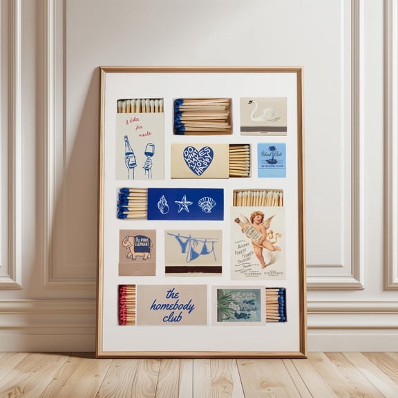 Vintage Matchbox Poster, Blue Retro Matchbook Wall Art, Trendy Matches Poster, Aesthetic Dorm Room Poster, Coastal Apartment Matchbox Wall Art, Unframed Poster Size 8x12 F03.1.14l1901
