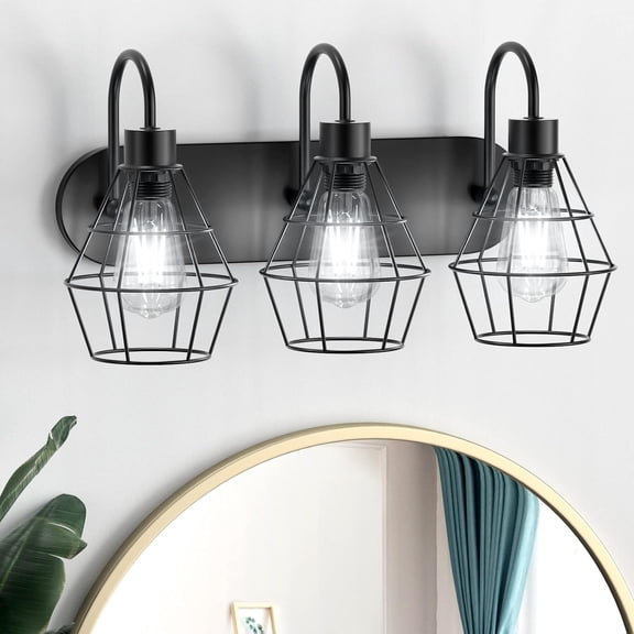 Vintage Matte Black Caged Wall Sconce with 3 Lights, E26 Base Industrial Farmhouse Bathroom Vanity Lighting Fixture