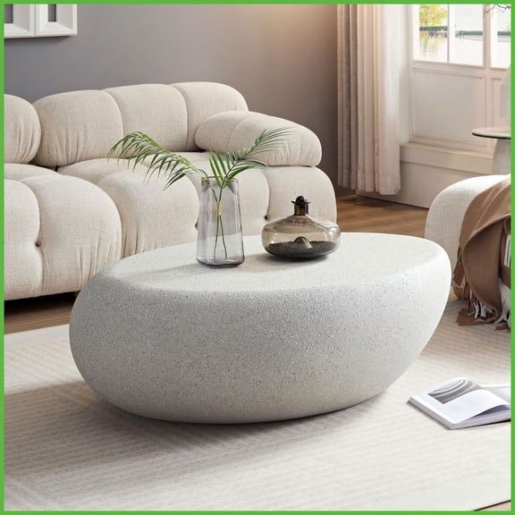 Vintage Matte Rocks Fiberglass Coffee Table, 43.31'' No Assembly, Easy-Clean Round Edges for Living Room