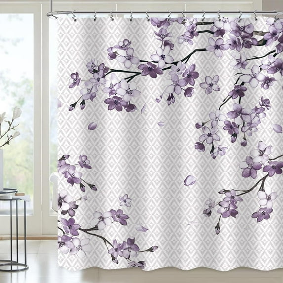 Vintage Mauve Cherry Blossom Shower Curtain Purple Lilac Sakura Blossom Plum Floral Bathroom Set Spring Blooming Flower Geometric Women Girls Bath Accessories Decor 72"W x 78"L (Pack of 1)