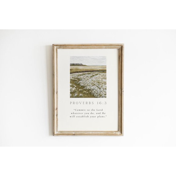 Vintage Meadow Christian Wall Art Proverbs 16:3 Bible Verse Scripture Print Religious Home Decor Inspirational For Homes, Unframed Canvas 8x10in