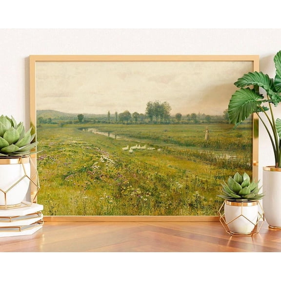 Vintage Meadow Landscape , Farmhouse Geese Art Unframed Paper Print