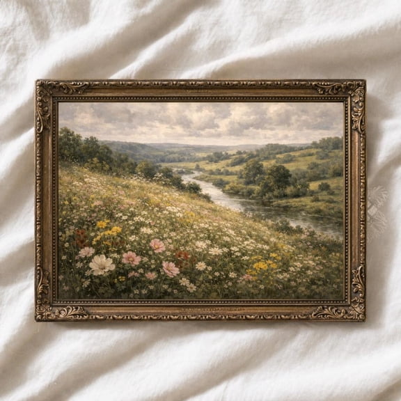 Vintage Meadow River Landscape Wall Art, Romantic Wildflower Field Art, Unframed Paper Poster 8x10in