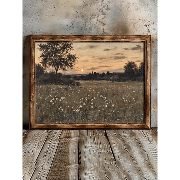 Vintage Meadow Sunset Canvas Wall Art, Wildflower Field Landscape Oil Painting, Antique Countryside Tree Print, Muted Warm Tone Farmhouse Wall Decor, Rustic Nature Art for Living Room