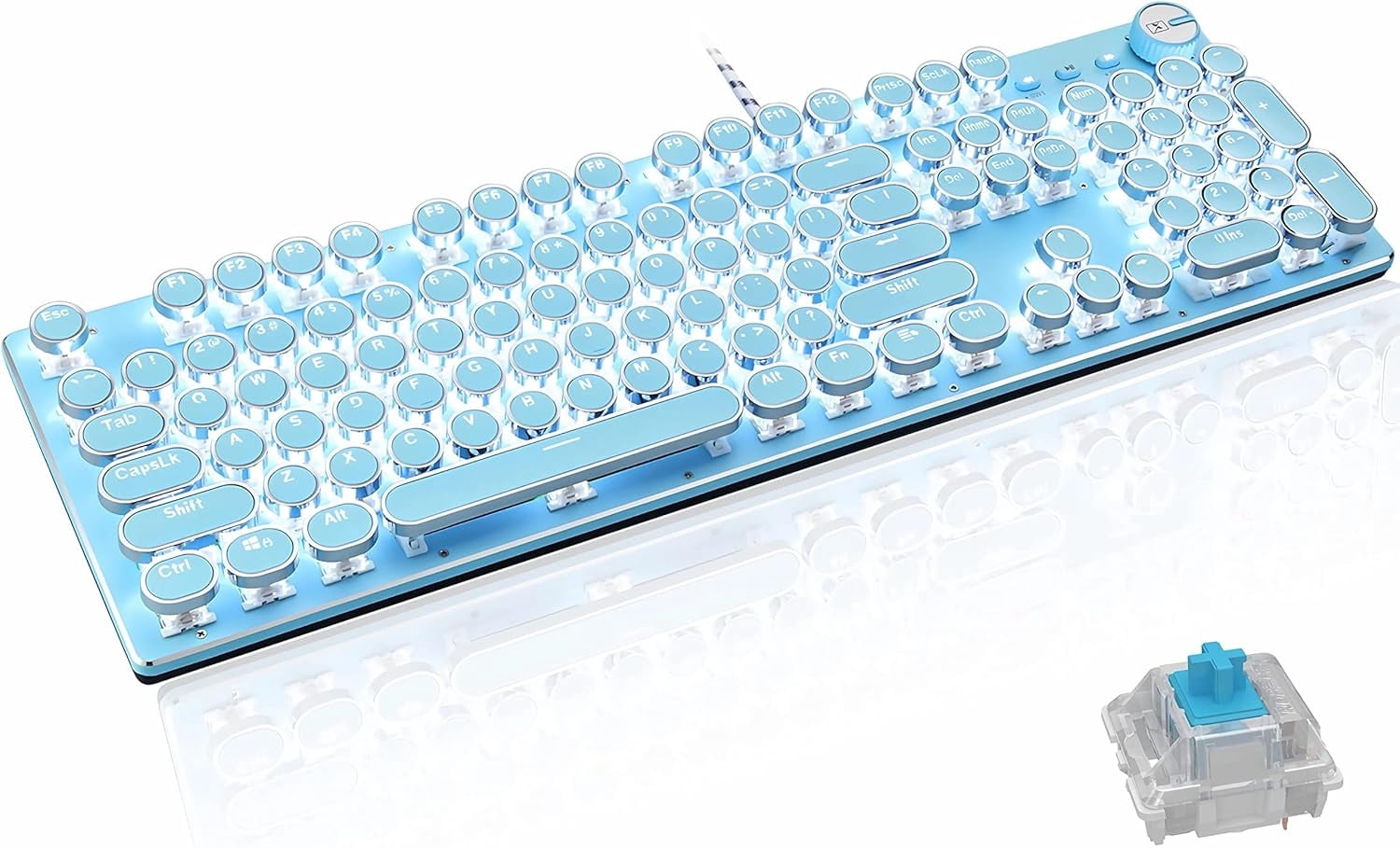 Vintage Mechanical Gaming Keyboard with LED Backlit, 104-Key Anti-Ghosting Blue Switch, USB Wired Metal Panel and Round Keycaps