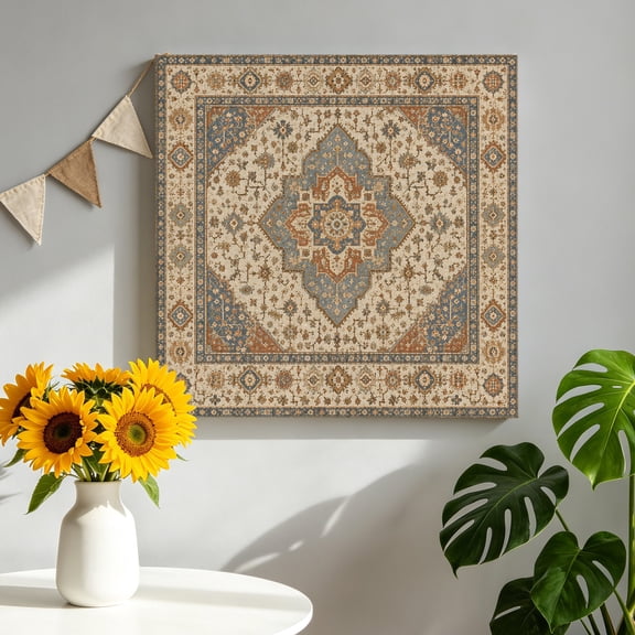 Vintage Medallion Canvas Wall Art, Classic Floral Scroll Border Brown Pictures Wall Decor Wooden Framed Artwork Art Prints for Living Room Hallway Bedroom Office 8"x8"