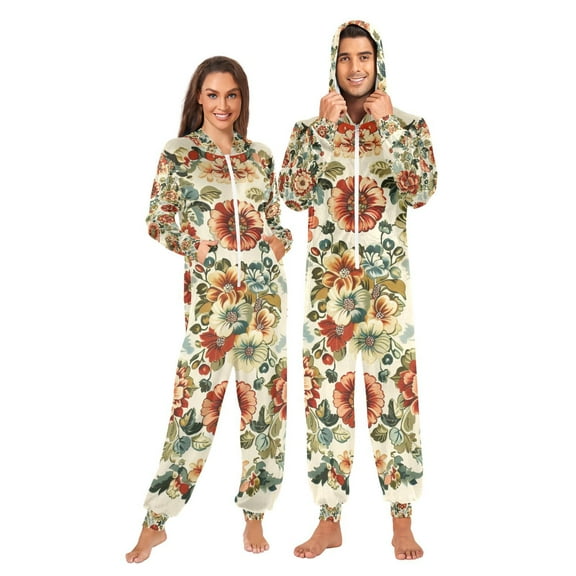 Vintage Medallion Floral Flowers Adult Onesie Pajamas Slim Fit Christmas One Piece Suit Pjs for Women and Men Hooded Zipper