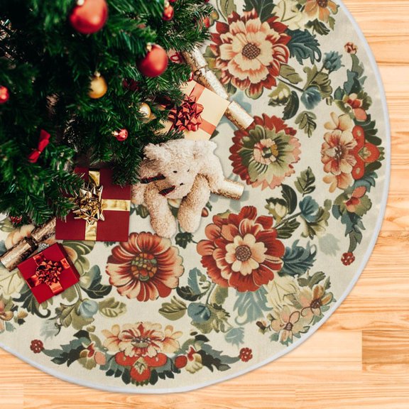 Vintage Medallion Floral Flowers Christmas Tree Skirt Xmas Tree Skirt Christmas Decorations Indoor for Holiday Party Decorations