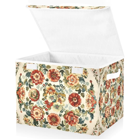 Vintage Medallion Floral Flowers Storage Basket for Shelves Foldable Container Organizer for Organizing Toys Clothes Books with Handles