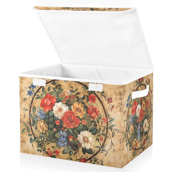 Vintage Medallion Floral Storage Basket for Shelves Foldable Container Organizer for Organizing Toys Clothes Books with Handles