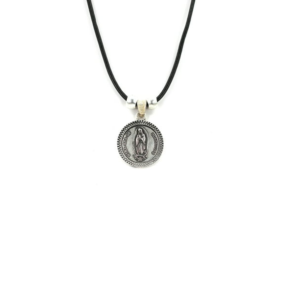 Vintage Medallion Necklace of Our Lady Of Guadalupe - Nuestra Sra de Guadalupe Jewelry with Genuine Leather strap by Graciela's Collection