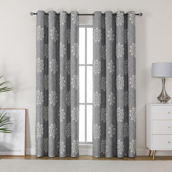 Vintage Medallion Pattern Blackout Curtains, Room Darkening , Grommet Top Window Treatment Drapes Grey 42"W x 96"L (Pack of 2)