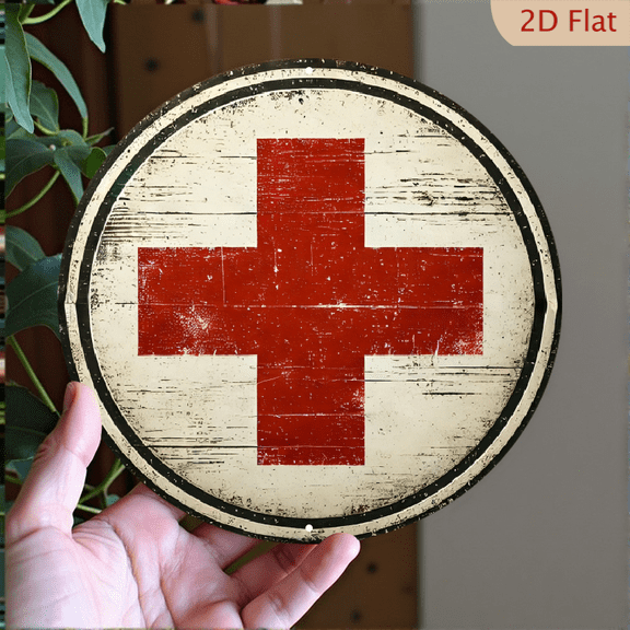 Vintage Medical Red Cross Wall Art 8x8 Inch Round Aluminum Sign Retro Industrial First Aid Symbol Decorative Metal Plaque for Home Office Decor