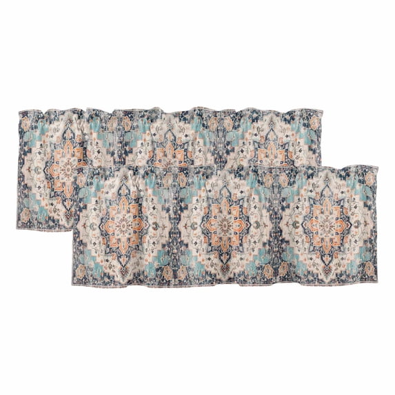 Vintage Medieval Abstract Ethnic Style Window Valance, Turkish Blue Texture 2 Pack Decorative Curtain for Small Windows, Light Filtering Valance with 3” Rod Pocket, 54"W x 18"L