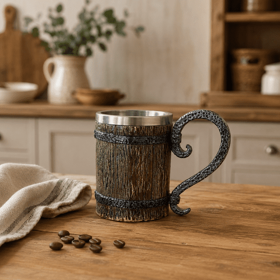 Vintage Medieval Beer Mug with Stainless Steel Liner, Wood Grain Barrel Tankard with Ornate Handle for Men, Home Bar and Gifts, Brown