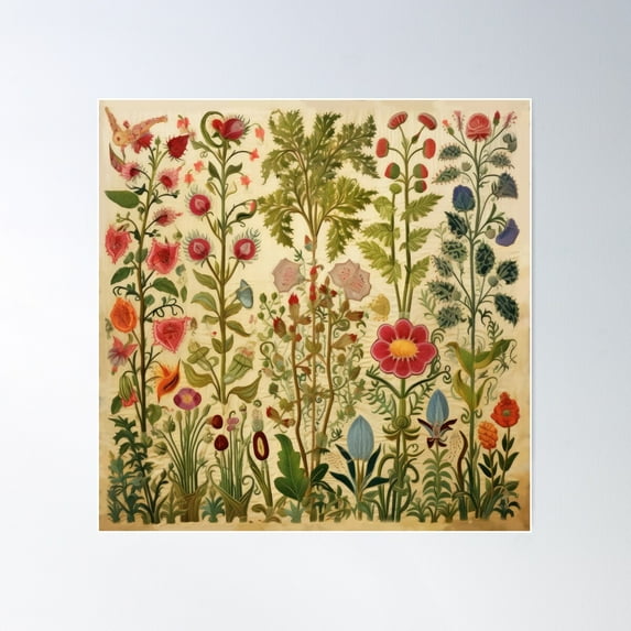 Vintage Medieval Botanical Tapestry Needlework (Vintage Inspired) Poster Wall Art, Modern Wall Decor For Living Room Bedroom, 24x24 UNFRAMED