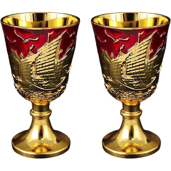 Vintage Medieval Chalice Goblet 1 Pair, Hand Painted & Engraved Castle Shot Cup 30ml, Ideal for Medieval Theme Party & Home Decoration