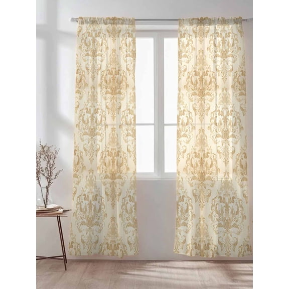 Vintage Medieval Damask Floral Sheer Curtains 2 Panels Set Retro Boho Pattern Art Lihgt Filtering Rod Pocket Voile Drape,Semi Sheer Window Curtains for Bedroom Living Room,52"x84"
