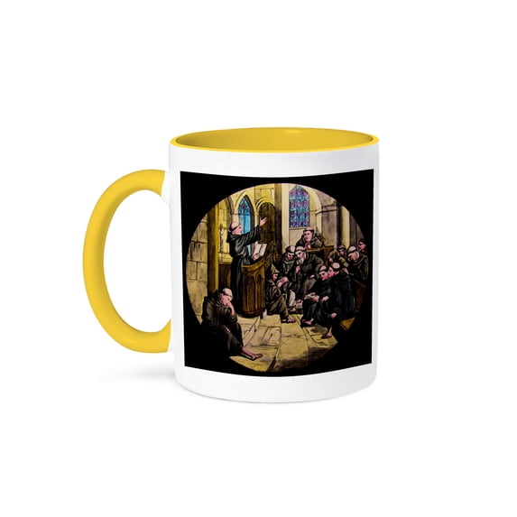 3dRose, Vintage Medieval Friars in Cathedral Christianity Magic Lantern Slide, 15oz Two-Tone Yellow Mug