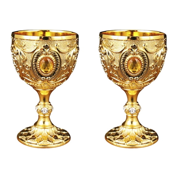Vintage Medieval Metal Goblet, Engraved Chalice Wine Cup for Themed Parties, Home Decoration & Novelty Drinking Glass, 2PCS Gold